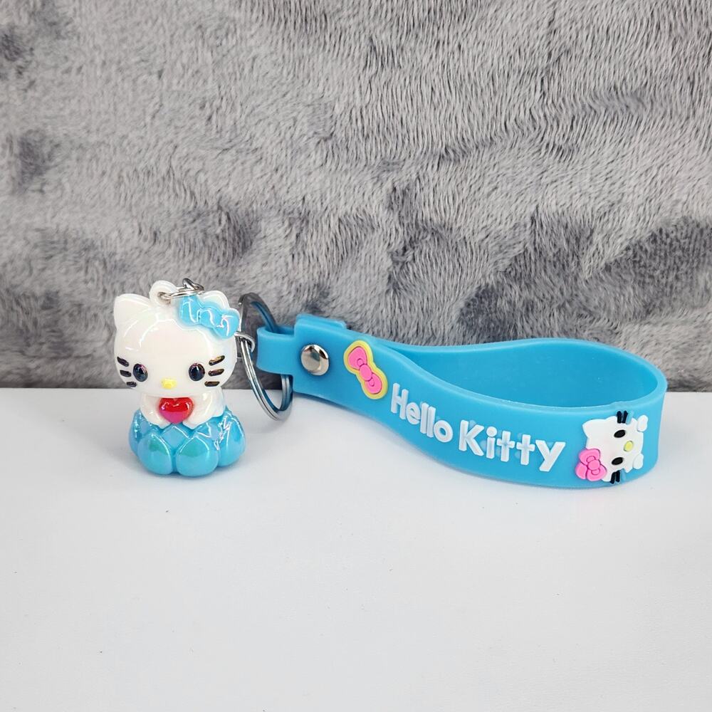 Hello Kitty 3D Figure Keychain & "Hello Kitty" Strap Blue & White iridescent
